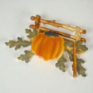 Vintage Enamel Pumpkin Brooch Fall Theme Gold Tone Colorful Autumn Pin